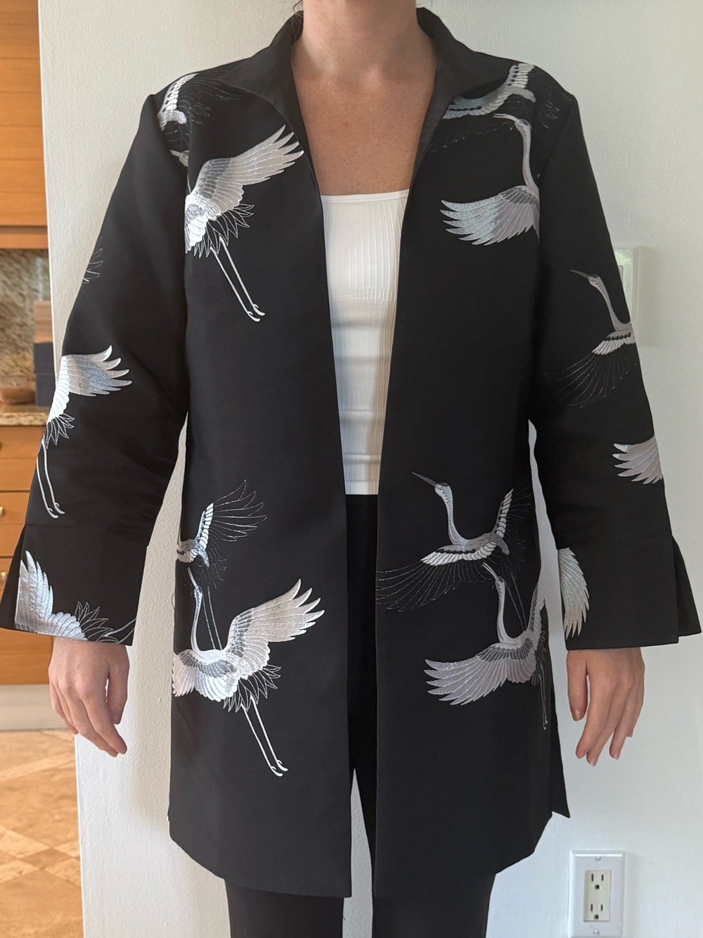 Black Crane-Embroidered Open Front Coat
